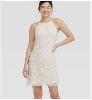 Mini Scalloped Lace Halter Dress Sz Small NWT Cream $40 Reg- A New Day